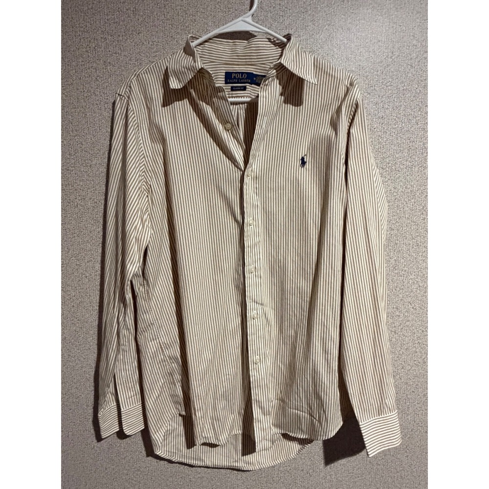 Polo Ralph Lauren Mens Classic Fit Striped Button Down Shirt Tan White Medium